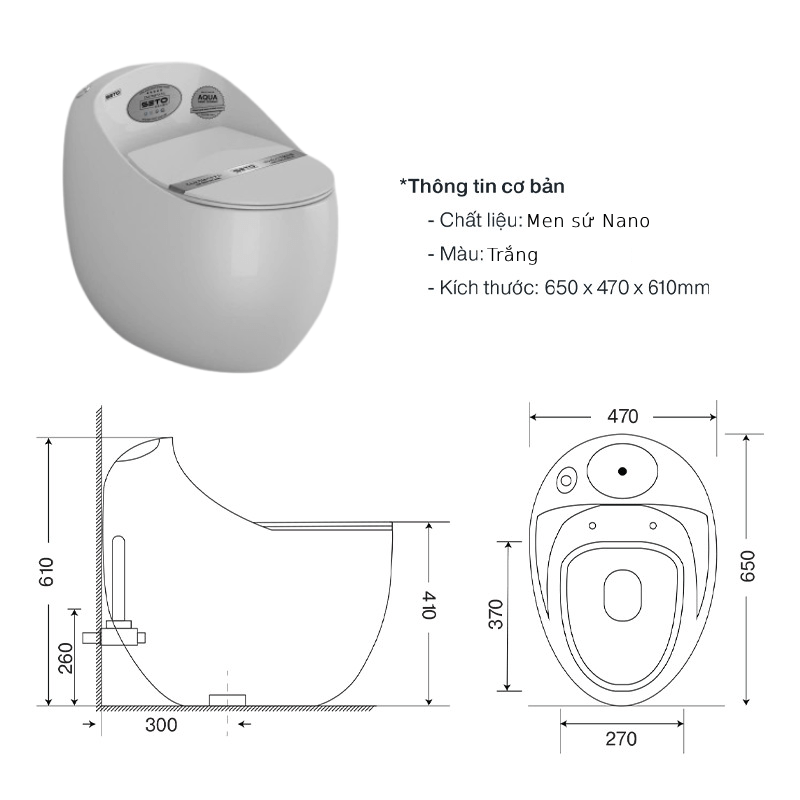 Thông số bàn cầu trứng liền khối SETO-1S1 Thông Số Bàn Cầu Trứng Liền Khối Seto-1S1