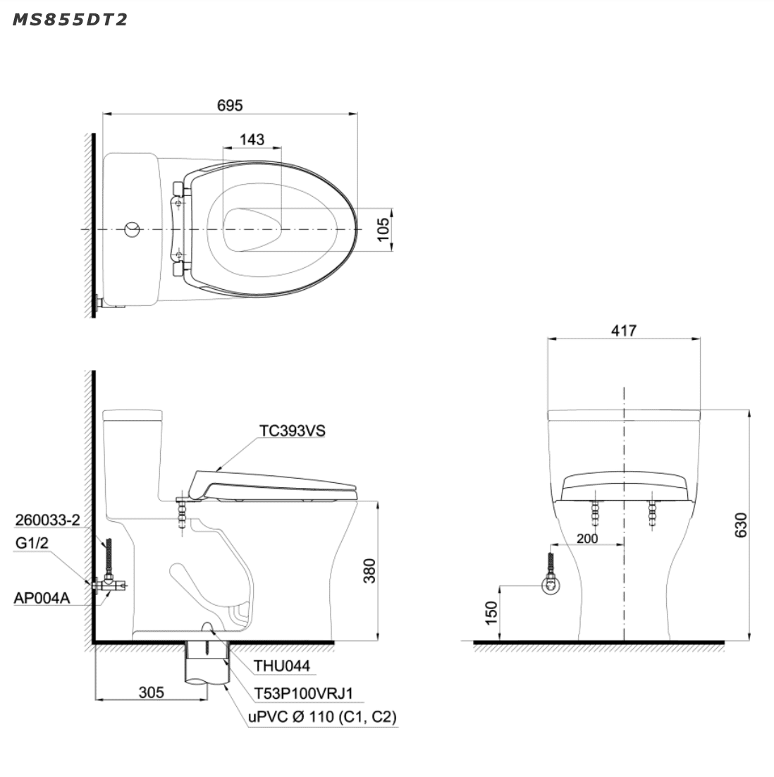 Bàn cầu một khối TOTO MS855DT3/TC385VS Bản Vẽ Bàn Cầu Một Khối Toto Ms855Dt3