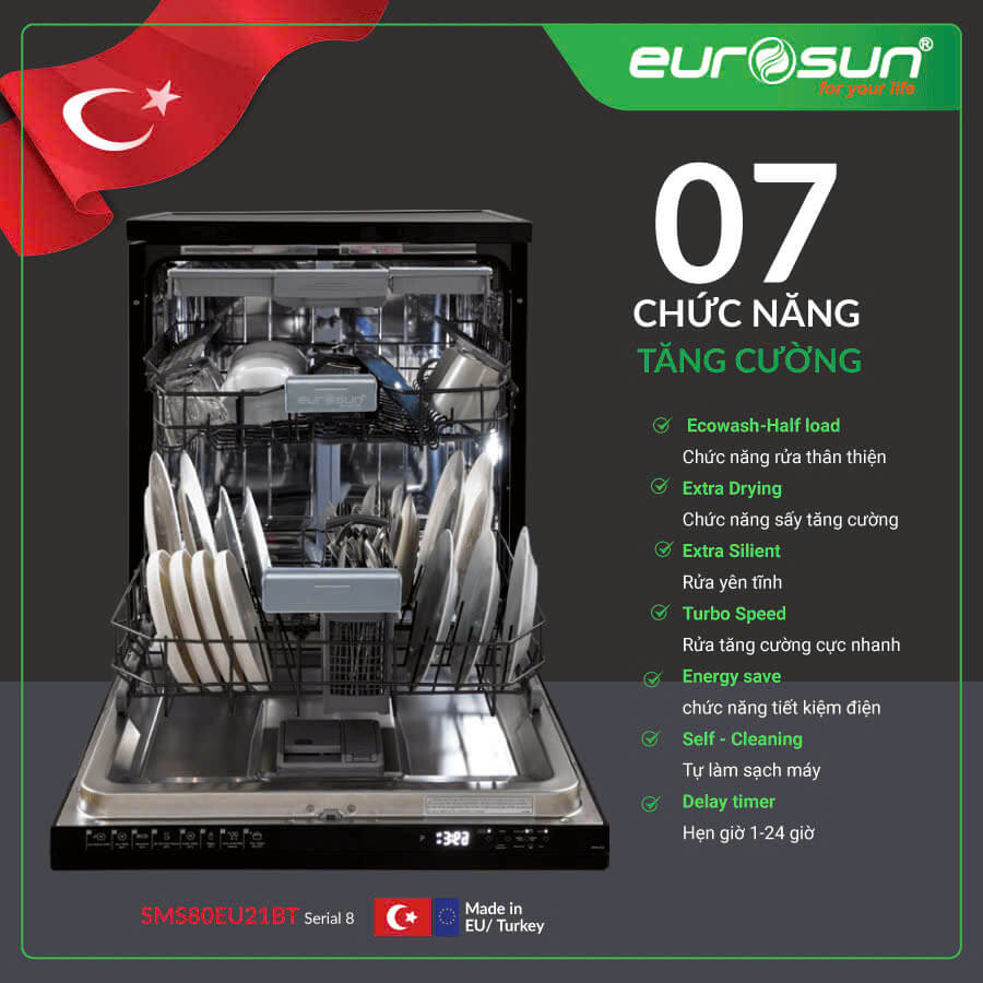 7 chức năng tăng cường máy rửa bát Eurosun SMS80EU21BT 7 Chức Năng Tăng Cường Máy Rửa Bát Eurosun Sms80Eu21Bt