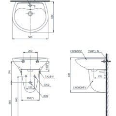 Bản Vẽ Chậu Lavabo Treo Tường Toto Lht300Cr