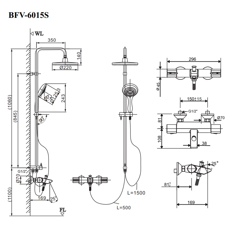 Sen tắm cây nhiệt độ INAX BFV-6015S Bản Vẽ Kỹ Thuật Vòi Sen Tắm Nhiệt Độ Inax Bfv-6015S