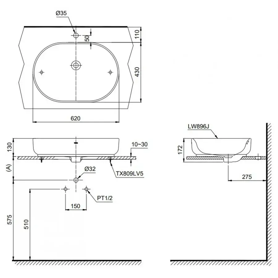 Bản Vẽ Kỹ Thuật Chậu Rửa Lavabo Toto Đặt Bàn Lw896Jw/F#Asb - Nhà Tắm Việt