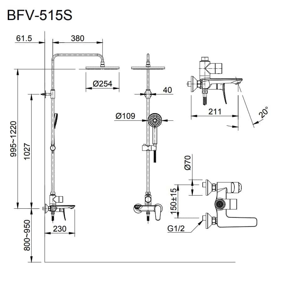 Bản Vẽ Kỹ Thuật Vòi Sen Cây Tắm Đứng Nóng Lạnh Inax Bfv-515S 