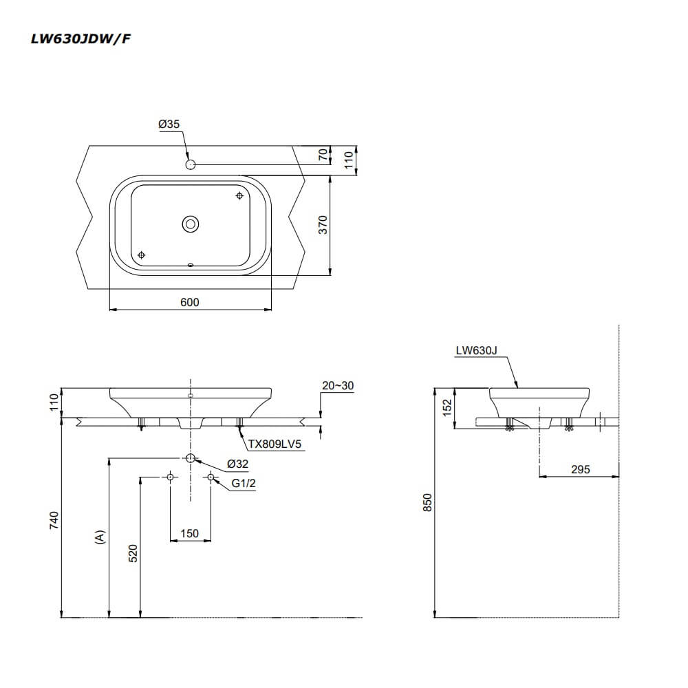 Chậu lavabo TOTO LW630JDW/F#ASB đặt bàn màu xanh tro Bản Vẽ Kỹ Thuật Chậu Rửa Đặt Bàn Toto Lw630Jwf Men Màu - Nhà Tắm Việt