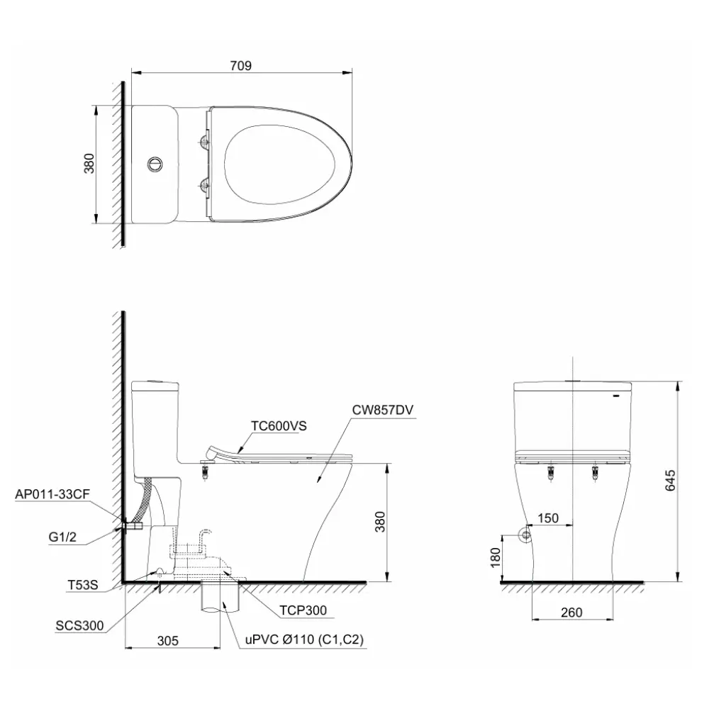Bản Vẽ Kỹ Thuật Của Bồn Cầu 1 Khối Toto Ms857Dt2 Nắp Êm Tc393Vs - Nhà Tắm Việt