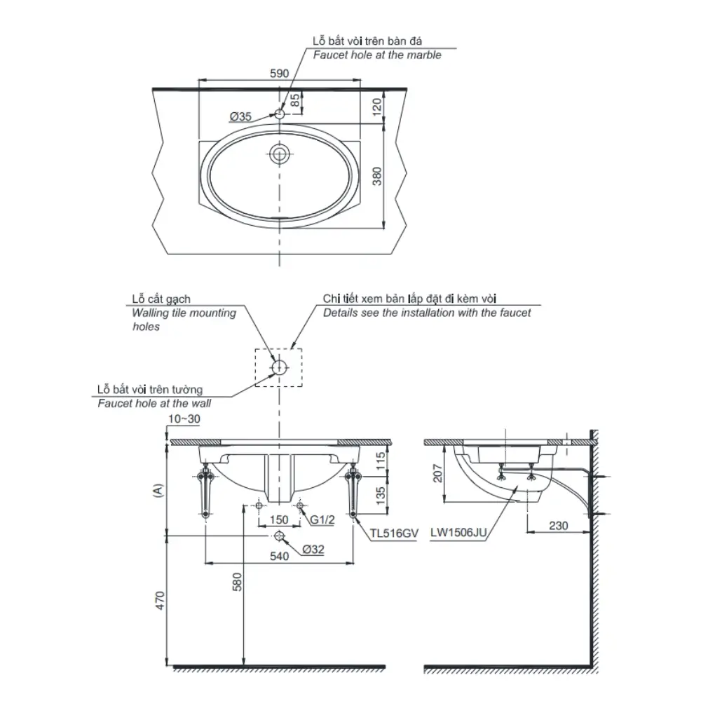 Bản Vẽ Kỹ Thuật Chậu Rửa Lavabo Toto Lw1506V/Tl516Gv Âm Bàn - Nhà Tắm Việt