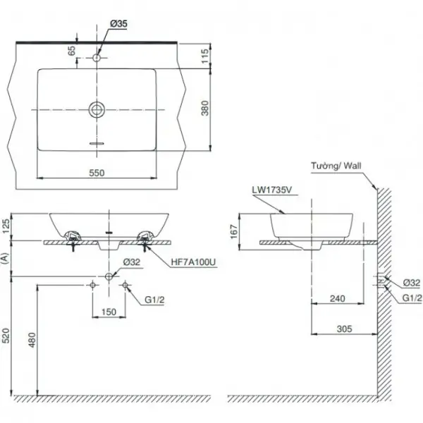 Bản Vẽ Kỹ Thuật Chậu Rửa Lavabo Đặt Bàn Toto Lt1735#Mw (Lt1735Mw) Màu Trắng Mờ - Nhà Tắm Việt - Nhatamviet.com