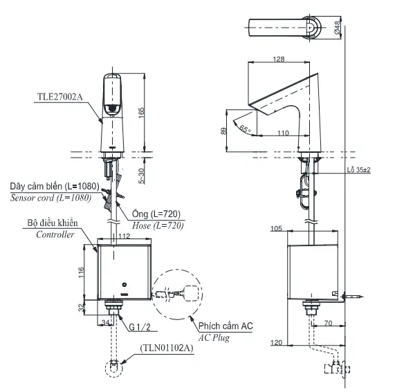 Vòi lavabo TOTO TLE27002A cảm ứng Bản Vẽ Kỹ Thuật Vòi Chậu Lavabo Cảm Ứng Toto Tle27002A Tự Động - Nhà Tắm Việt