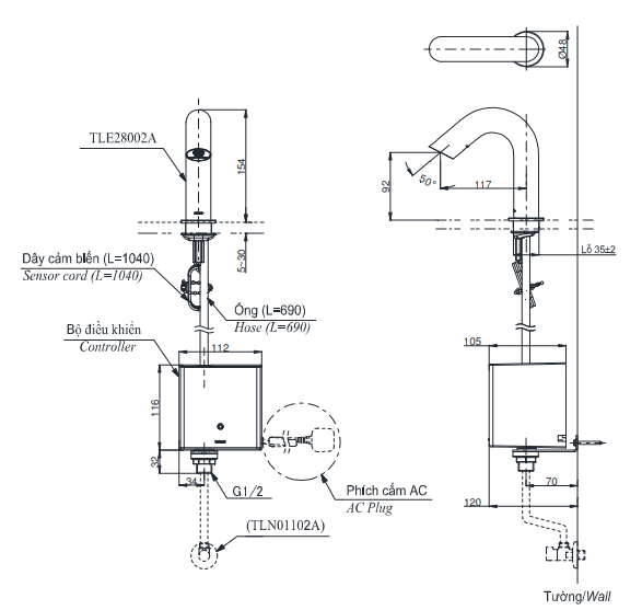 Bản Vẽ Kỹ Thuật Vòi Cảm Ứng Tự Động (Loại Gắn Bàn) Tle28002A - Nhà Tắm Việt