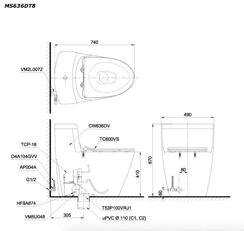 Bồn cầu 1 khối TOTO MS636DT8 nắp đóng êm TC600VS Bản Vẽ Kỹ Thuật Của Bồn Cầu Toto 1 Khối Ms636Dt8