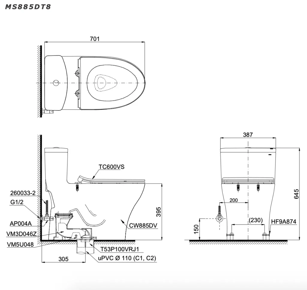 Bản Vẽ Kỹ Thuật Của Bồn Cầu Toto Ms885Dt8 1 Khối