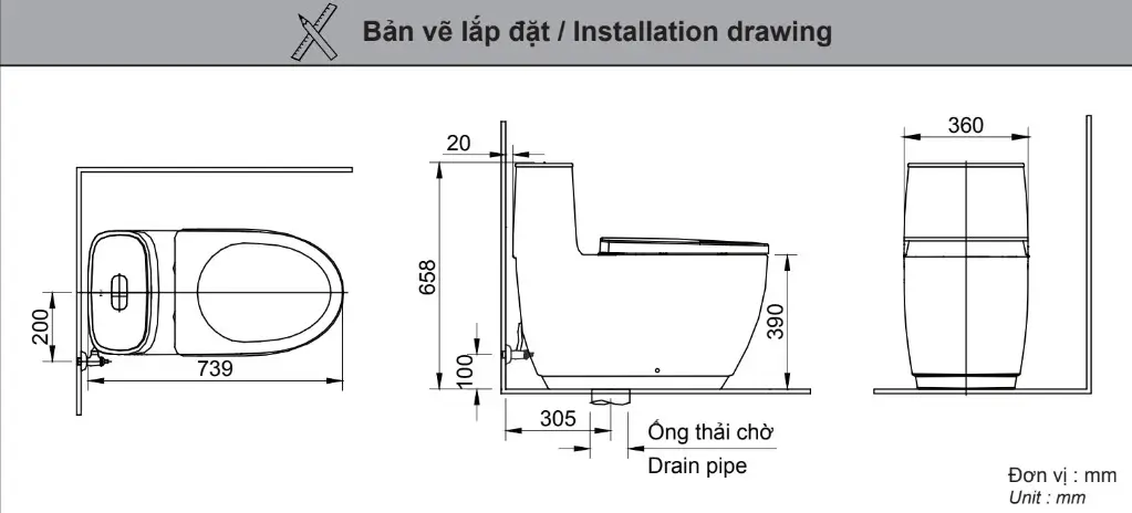 Bồn cầu 1 khối INAX AC-1052VN (AC1052VN) nắp đóng êm Bản Vẽ Bồn Cầu Đặt Sàn Inax Ac-1052Vn